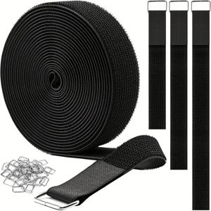 TEMU 1인치 x 16피트 후크 앤 루프 스트랩, 25개 금속 버클 포함, 조절 가능한 고정 케이블 스트랩, 길이 조절 가능한 신치 스트랩, 재사용 가능한 나일론 고정 코드 타이, 정리 또는 보관용, 1인치 폭, 블랙