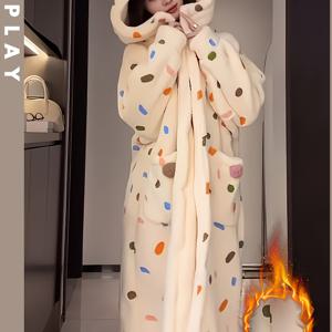 TEMU [25AW 홈 트렌드] 여성 가을/겨울 코랄 플리스 따뜻한 잠옷, 스위트 컬러풀 물방울 무늬 플란넬 후드 로브, 플러스 사이즈 라운지웨어 나이트가운, 여성 잠옷, 목욕 가운|가을원피스|샤워가운