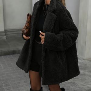 TEMU 여성용 오버사이즈 레트로 겨울 코트 - 플러시 칼라 & 포켓, 고급스러운 다크 브라운/블랙 재킷, 핸드워시 가능한 루즈핏 아우터웨어, 가을/겨울용 우아한 추위 방지 재킷 (벨트 없음)