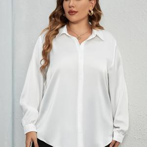 TEMU 플러스 사이즈, 여성용 화이트 오버사이즈 버튼프론트 블라우스 - 숏 칼라 & H-라인 드레스 스타일 버튼프론트 (벨트 없음) - 사계절용 숏 버튼 플래킷 - 캐주얼용 와이드핏 롱 슬리브 버튼업 셔츠|반팔블라우스