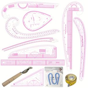 TEMU 12피스 완벽한 재봉 및 재단 키트 - 커브//자, 트레이싱 휠 & 테이프 포함 - 헤비듀티 플라스틱 DIY 드레스 제작 도구, 프렌치 커브, 재단사 스케일, 드레스, 바지, 블라우스용 DIY 의류 가이드 (핑크)
