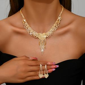 TEMU 우아한 웨딩 파티 주얼리 세트 (목걸이 1개 + 귀걸이 1쌍 포함), 반짝이는 라인스톤이 장식된 구리 소재, 브라이덜 샤워, 아이돌 공연, 파티 및 데일리룩에 적합