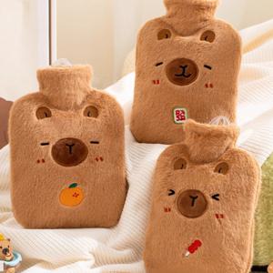 TEMU 850ml/28oz 카피바라 핫워터 보틀 - 고품질 PVC 누수 방지 플러시 보온병, 탈부착 가능한 세탁 가능한 귀여운 카피바라 얼굴(귀/꼬리), 침대/캠핑/책상 히터, 재사용 가능한 충전식, 귀여운 감기 완화 선물