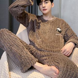 TEMU 핫 소프트 웜 남성 파자마 세트 겨울, 긴팔 자수 팬더 잠옷 청소년용, 아시아 사이즈 편안한 소프트 라운지웨어, 일본 스타일 2피스 파자마 코지 홈수트 트렌딩