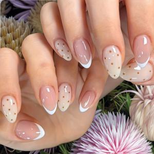 TEMU 24개입 / 한국식 도트 & 프렌치팁 프레스온 네일 - 아몬드 화이트/글리터 네일, DIY 탈착식 네일 시트, 여성용 크리스마스 파티 웨딩 데일리 웨어 (사전제작)