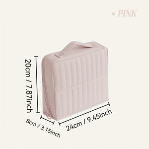 TEMU 1개 대용량 스탠딩 화장품 & 여행용 정리 케이스, 패딩 필러 포함 - 우아한 스탠딩 메이크업 브러쉬 홀더, 가볍고 휴대용 지퍼 클로저, 나일론/ (화이트/핑크) 이동 중 뷰티 보관용|수납정리함|화장품정리함