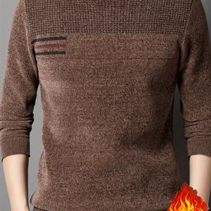 TEMU 남성용 두꺼운 기모 안감 긴팔 크루넥 스웨터 - 부드럽고 따뜻한 겨울 풀오버, 가로 , 레귤러 핏 캐주얼 스웨터 (가을 & 겨울용), 니트