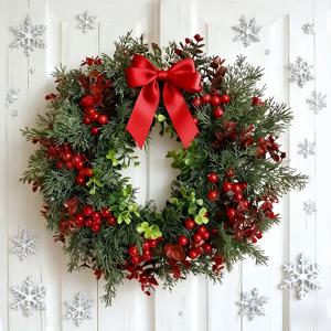 TEMU 2025년 신상 레드 리본 시뮬레이션 화환 | 현관, 벽, 거실, 침실 장식에 이상적, 따뜻함과 축제 분위기를 더함, 크리스마스 및 추수감사절 장식에 완벽