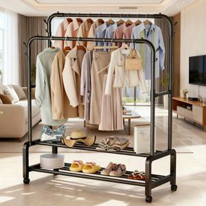 TEMU 1개 헤비듀티 블랙 메탈 이동식 옷장 캐비닛, 4륜 이동성, 더블바 의류 걸이 & 하단 수납 선반 - 공간 절약형 의류 정리함, 홈, 오피스, 기숙사용 - 튼튼한 철제 프레임 & 플라스틱 조인트, 쉬운 이동 드레스