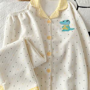 TEMU 여성 Y2K 스타일 소프트 플리스 파자마 세트 - 포기 도트 & 공룡 자수, 밝은 노란색 &, 앞면 오픈, 버튼업의 포근한 긴소매 가디건 & 바지|잠옷|파자마