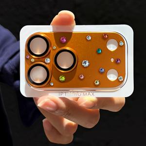 TEMU 아이폰 17 Pro Max용 고급스러운 스파클링 오렌지 라인스톤 3D 갑옷 강화 유리 카메라 렌즈 보호 필름, 메탈 강화 유리 후면 카메라 스크린 커버 특징.