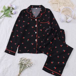 TEMU 여성용 블랙 체리 프린트 파자마 세트 2종, 긴소매 가디건 및 탄성 허리 바지, 캐주얼 홈웨어, 가을/겨울용 편안한 잠옷, 버튼 디자인, 루즈핏, 편안한 스타일|체리 프린트 상의|탄성 허리 밴드, 여성용 파자마