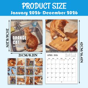 TEMU 2026 오렌지 고양이 감성 캘린더 플래너 - 12개월 대형 사각 격자 레이아웃, 월별 사진, 귀여운 오렌지색 캣집 디자인, 영어, 종이 재질