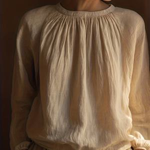 TEMU 여성용 프렌치 스타일 린넨 블라우스 - 우아한 루즈핏 스모크 라운드넥 셔츠, 긴소매 사계절 탑, 드레스 & 블라우스에 적합, 손세탁 가능한 섬유 의류|린넨