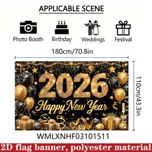 TEMU 2D 플랫, 1개 2026 새해 배너 - 초대형 70.8x43.3인치 (180x110cm) 골드 & 블랙 풍선 테마 파티 장식, 2026 새해 복 많이 받으세요 텍스트 포함 - 내구성이 뛰어난 폴리에스터, 야외/실내 홈 데코, 새해, 생일
