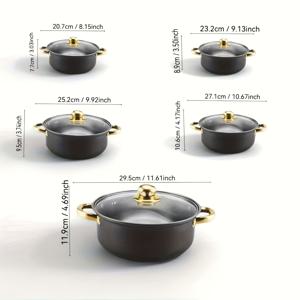 TEMU 스테인리스 스틸 조리기구 세트 - 블랙 외관과 골든 핸들. 다섯 개의 냄비 + 매칭 뚜껑 포함, 인덕션/가스레인지 호환, 기숙사, 캠핑, 주방용. 식기세척기 사용 가능; 크리스마스 선물, 새해 선물, 집들이 선물로 완벽한 다용도 필수품, 기숙사용 조리기구,현대 조리기구,세련된 주방용품,녹 방지 화분,고품질 조리기구,필수 조리기구,홈 셰프,새 집주인
