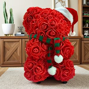 TEMU 인조 장미 - 하트 리본 & 산타 모자 포함, 핑크 또는 레드 리얼룩 PU 스터프 동물, 크리스마스 새해 선물, 여성, 엄마, 여자친구용 - 연중 테이블탑 장식 (관리 불필요)