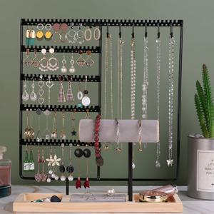 TEMU 귀걸이 목걸이 반지 팔찌 전시 및 보관용 90구멍, 12개 후크, 나무 팔찌 슬롯 10개가 있는 주얼리 홀더 정리대 트리