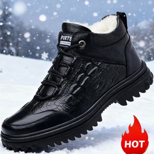 TEMU 남성용 정품 소가죽 겨울 스노우 부츠 - 올테레인 트랙션, 발목 높이 고무 밑창, 레이스업/덕 클로저, 얼음, 눈, 진흙용 헤비듀티 - 야외 트레킹, 캠핑용 (블랙)|트레킹화