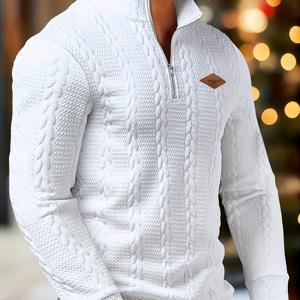 TEMU 남성 패션 캐주얼 텍스처 자카드 지퍼업 하프 지퍼 긴팔 패치워크 니트 스웨터 - 가을과 겨울용