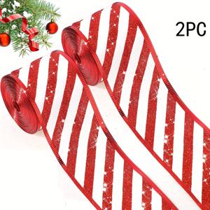 TEMU 2롤 반짝이는 크리스마스 리본 세트, 2롤 × 4.57m 길이 × 6.35cm 폭, 폴리에스터 소재, 빨간색 및 흰색 와이어 엣지, 선물 포장, 파티 장식, 크리스마스 트리 장식품에 적합