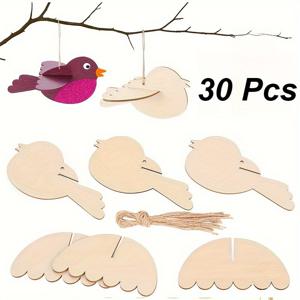TEMU 30개 DIY 나무 새 공예 키트 - 날개와 매달기 끈이 있는 무도색 새 블랭크, 페인트 가능한 튼튼한 새 피규어, 부활절 장식, 크리스마스 트리 장식, 어린이 미술 및 러스틱 핸드메이드 선물 용품