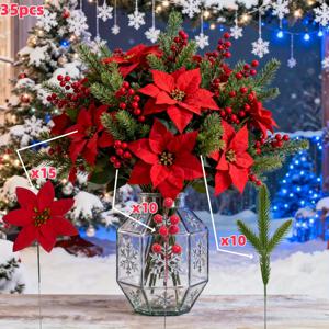 TEMU 35개 인조 빨간색 포인세티아 꽃 부케, 녹색 잎 & 소나무 가지 포함 - 내구성이 뛰어난 플라스틱 크리스마스 화환, 테이블 장식용