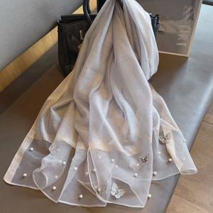 TEMU 여성 사계절용 진주 자수 나비 롱스카프 빅사이즈 머플러 간절기 무지 숄 비치용 스카프 예쁜 머플러