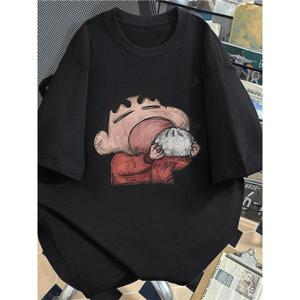 TEMU 미국 트렌디 브랜드 남성용 헤비웨이트 크레옹 그래픽 반팔 티셔츠 - 일본어 텍스트 & 만화 프린트, 블랙 스포티 스타일 셔츠, 루즈핏 여름 캐주얼 티, 편안한 일상복, 통기성 원단, 스트리트웨어 애호가를 위한 내구성 있는 디자인