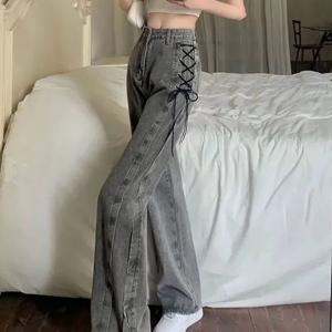 TEMU 여성 봄가을 패션 캐주얼 옆라인 편안한 단추 청바지 데일리 스트랩 하이웨스트 날씬해 보이는 포켓 와이드 데님 팬츠 슬림소녀 SLIM GIRL