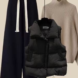 TEMU 가을 겨울 신상 3pcs 여성 패딩조끼 하이넥 니트 와이드팬츠 쓰리피스 빅사이즈 체형커버 캐주얼 니트 3종세트 LKS-60