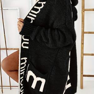 TEMU 편지 인쇄 오픈 프론트 니트 가디건, 주머니가 있는 캐주얼 후드 긴 소매 스웨터, 여성 의류