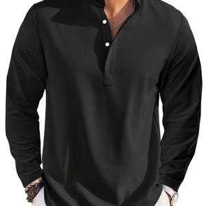 TEMU 플러스 사이즈 남성 캐주얼 롱 슬리브 헨리 셔츠 - 베이지, 스탠드 칼라, 정규 핏, 봄 & 가을용 가벼운 소재, 비치 의상, 비치 의상|캐주얼 스타일|가벼운 셔츠