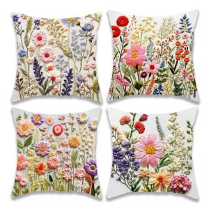 TEMU 4개 세트 봄 꽃무늬 2D 평면 프린트 쿠션 커버 | 비리얼 자수 | 모던 베개커버 | 실내/야외, 침대, 정원 장식 | 휴일 장식 쿠션 케이스 | 홈 액센트, 소파 액세서리 | 최고의 선물, 장식용 쿠션 (쿠션 미포함), 2D 평면