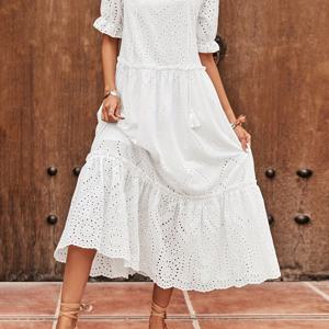 TEMU 여성용 우아한 화이트 아이렛 미디 드레스 - 루즈핏, 반팔, V넥, 러플 하hem & 팬 모양 디테일, 휴가 또는 캐주얼 아웃링에 완벽, 반공식 의상 | 팬 모양 디자인 | 거울 같은 소재, 귀여운 드레스