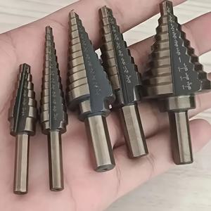 TEMU 5pcs 고속 강철 코발트 합금 스텝 드릴 비트 세트, 삼각형 샤크, 직선 그로브, 파고다 스타일, 블랙 및 노란색, 포장, 금속 및 목재 드릴링, 구멍 개방, 구멍 확장, 다기능