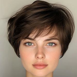 TEMU 1개 여성용 우아한 다크 브라운 픽시 컷 가발 - 180% 밀도 인모, 로즈 네트 캡이 있는 끈적임 없는 짧은 레이어드 헤어, 편안하고 관리가 용이하여 데일리룩에 적합, 어버이날, 생일 또는 특별한 날을 위한 완벽한 선물, 여성용 가발