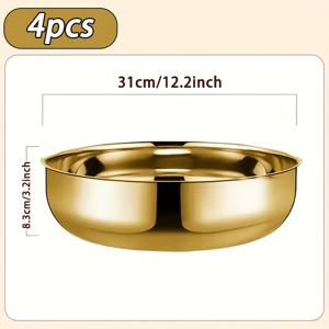 TEMU 스테인리스 스틸 대용량 볼 4개 세트, 12인치, 우아한 골드 색상, 요리, 반죽 베이킹, 샐러드 믹싱, 핫팟 수프에 적합, 재사용 가능, 쉬운 청소를 위한 광택 마감, 케이터링 서비스 식기.