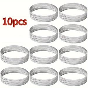TEMU 10개 스테인리스 타트 링 - 논스틱 천공형 라운드 케이크 & 무스 몰드, 3인치 베이킹 팬, 쉬운 탈형 및 균일한 구워짐, 전문가용 & 가정용 주방 도구