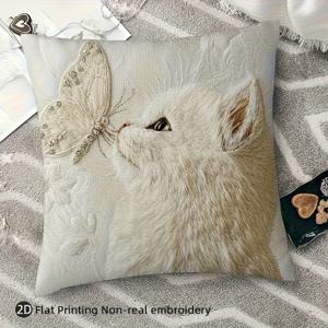 TEMU 1pc 2D 플랫 프린트 화이트 캣과 나비 베개 커버 18.0