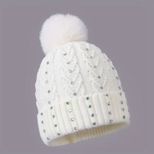 TEMU 여성용 핑크 라인스톤 장식 베니 - 부드러운 아크릴, 통기성, 조절 가능한 스냅백, 할로윈 및 캐주얼 옷에 완벽한 캐주얼 웨어 베니 | 라인스톤 장식 | 아크릴 베니