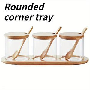 TEMU 3pcs/세트 투명 유리 스파이스 병 (뚜껑+스푼+트레이 포함) | 방진 방습 주방 필수품 | 소금, 설탕, 크림파우더, 커피, 향신료용 범용 보관 용기