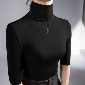 TEMU 여성용 우아한 블랙 슬림핏 티셔츠 - 하이넥 반팔 칼라 셔츠, 주름 방지 & 세탁기 사용 가능, 사무실, 캐주얼, 정장용 올시즌 다용도 탑 - 테일러드 핏 (부피 없음)