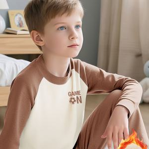 TEMU 브라운 기모 세트 | 남아용 편안하고 통기성 좋은 따뜻한 긴팔 셔츠 및 바지, 2-12세, 가을/겨울 시즌, 크루넥, 약간의 스트레치가 있는 레귤러 핏.