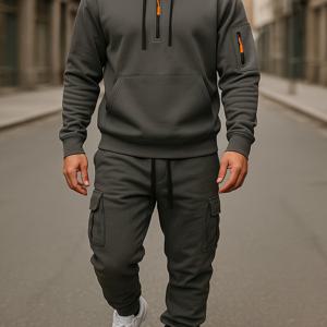 TEMU 2피스 남성용 캐주얼 후드티 & 팬츠 세트 - 네이비 블루, 긴팔, 포켓이 있는 지퍼업, 레귤러 핏, 단색, 가을/겨울 야외 활동에 완벽, 아웃도어 의류 | 지퍼업 후드티 | 기능성 포켓, 스웨터 후드티, 남성의류, 남성가을옷세트, 남성운동복세트, 남성여름옷세트, 남성트레이닝복세트