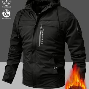 TEMU 남성용 패션 아웃도어 솔리드 컬러 디테일 가슴 프린트 후드 긴팔 안감 자켓 - 데일리 웨어