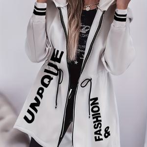 TEMU 여성 패션 알파벳 프린트 후드 재킷 | 편안한 캐주얼 드로스트링 가을/겨울 겉옷