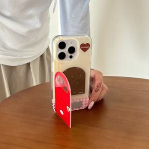 TEMU 아이폰 16 Pro Max 케이스 / 아이폰 15 Pro Max 케이스 / 14 Pro 케이스 / 13 Pro 케이스 / 아이폰 13 케이스에 적합한 이중 레이어 하트 + 레드 창 접이식 메이크업 거울 폰 케이스 / 스타일리시 여성용 폰 케이스 / 폰 케이스