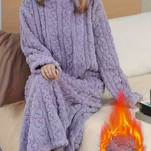 TEMU 여성용 두꺼운 플리스 세트 | 캐주얼 크루넥 롱 로브, 반팔, 단색, 가을/겨울 잠옷|반팔니트|가을원피스