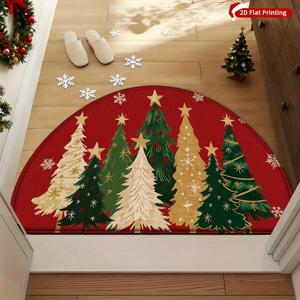 TEMU 크리스마스 트리 매트 - 플러시 반원형 미끄럼 방지, 부드러운 플란넬 느낌, 세탁 가능 & 접이식 매트 /야외 입구용, 그린 & 골든 크리스마스 장식 (애완동물 친화적), 2D 평면